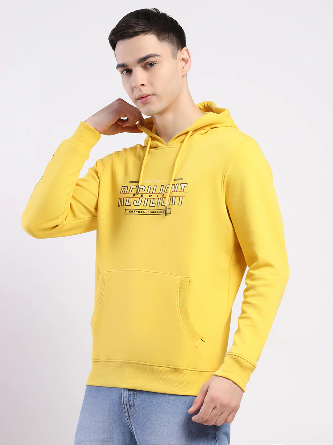 Men Yellow Printed Hooded Full Sleeve Winter T-Shirt - Image 3