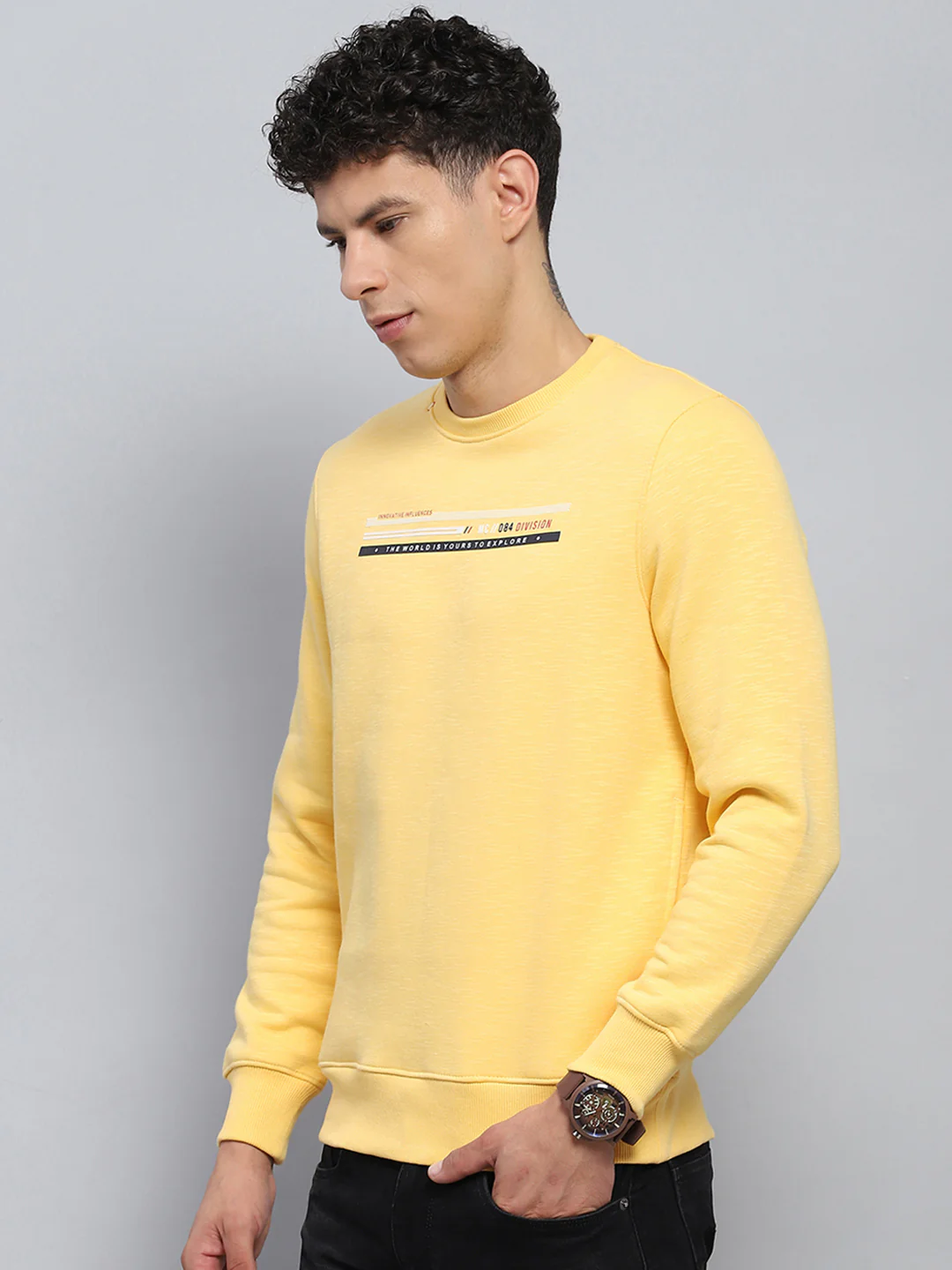 Men Yellow Printed Round Neck Full Sleeve Sweatshirt - Image 3