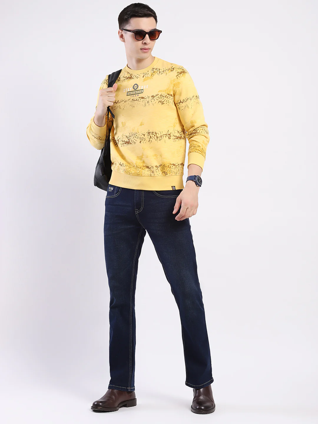 Men Yellow Printed Round Neck Full Sleeve Sweatshirt - Image 2