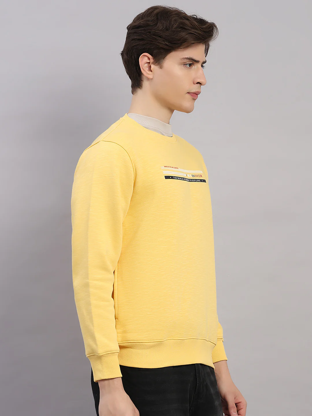 Men Yellow Printed Round Neck Full Sleeve Sweatshirt - Image 4