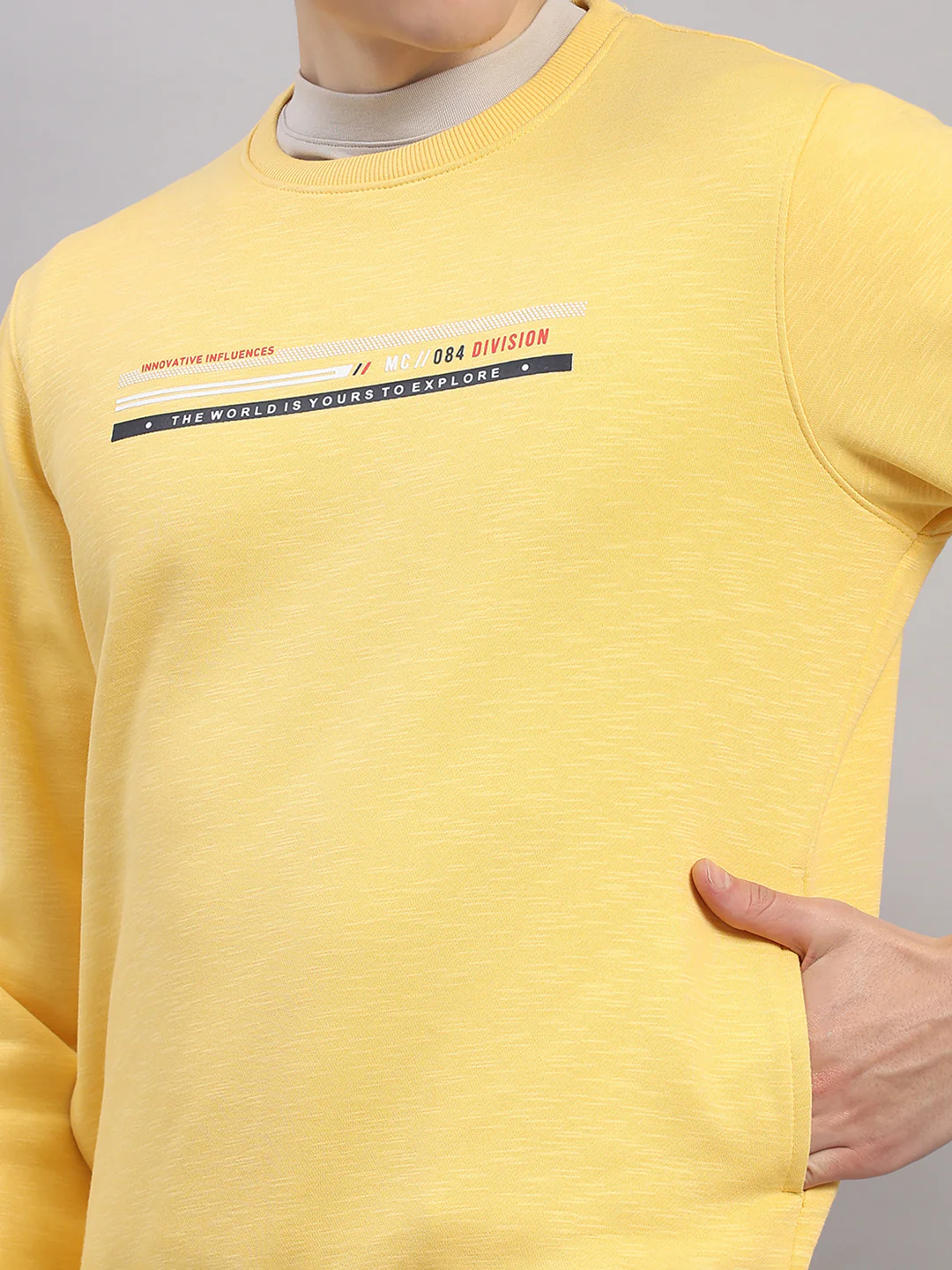 Men Yellow Printed Round Neck Full Sleeve Sweatshirt - Image 7
