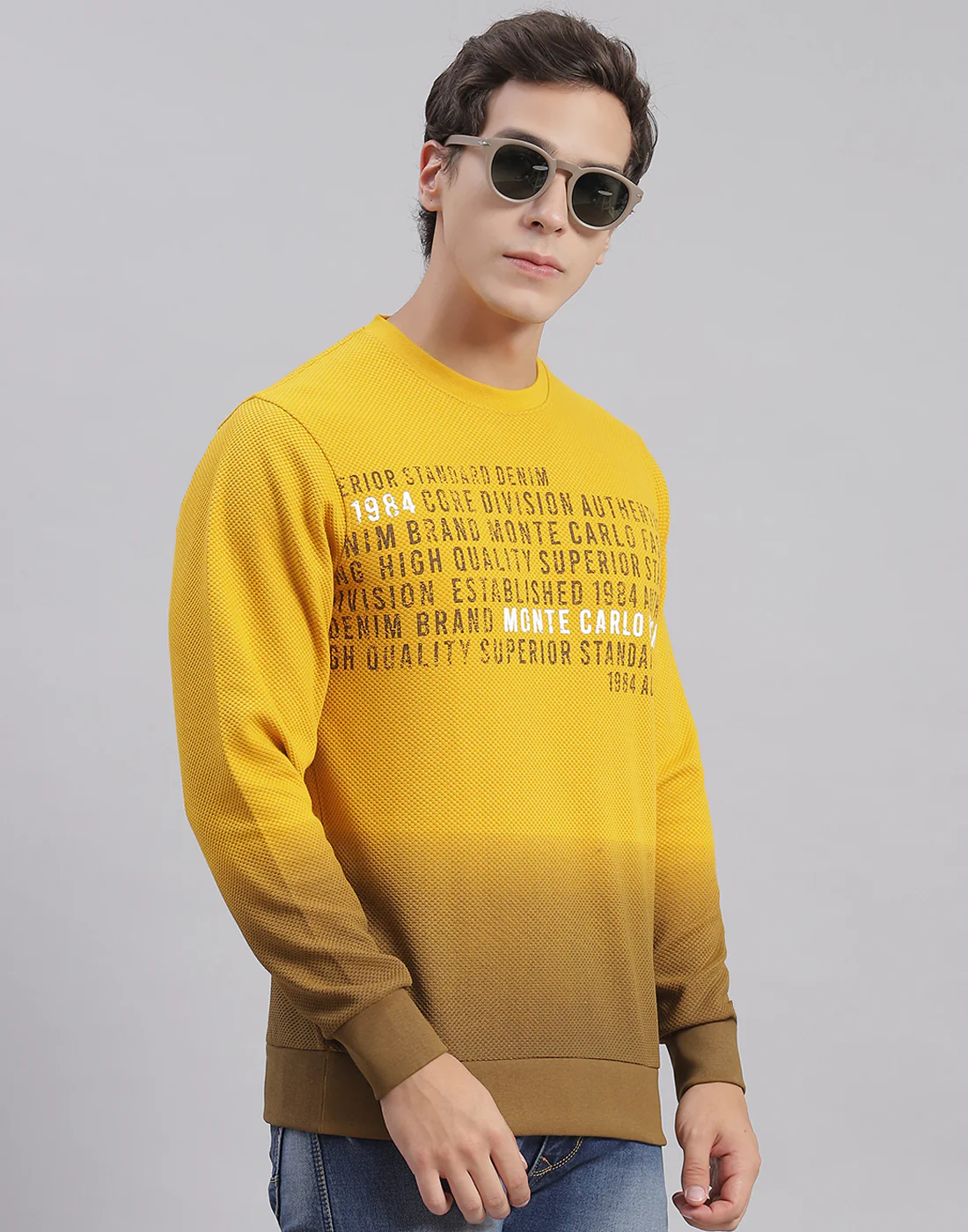 Men Yellow Printed Round Neck Full Sleeve Sweatshirts - Image 4