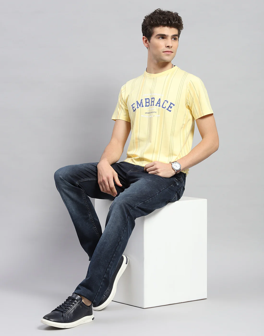 Men Yellow Printed Round Neck Half Sleeve T-Shirt - Image 2
