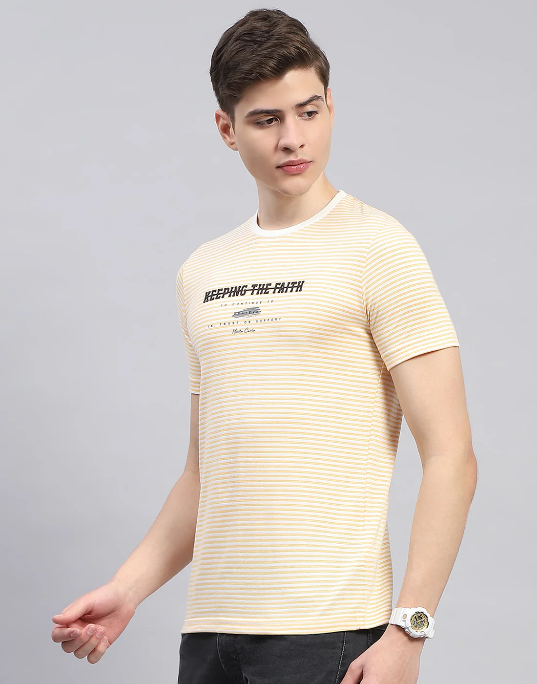 Men Yellow Printed Round Neck Half Sleeve T-Shirt - Image 3