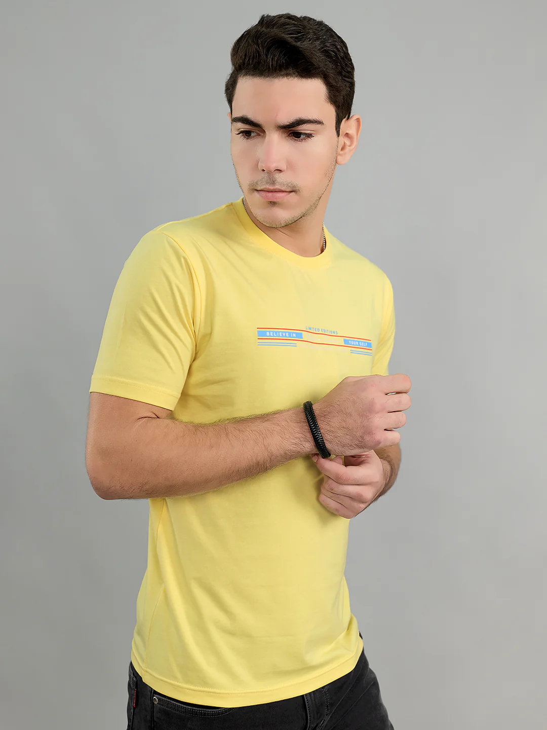 Men Yellow Printed Round Neck Half Sleeve T-Shirt - Image 2