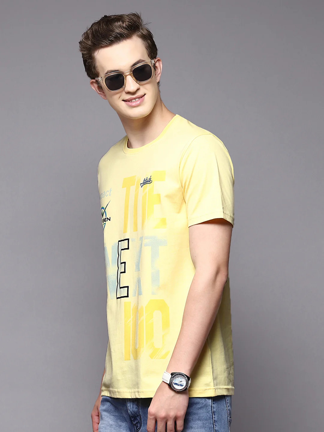 Men Yellow Printed Round Neck Half Sleeve T-Shirts - Image 3