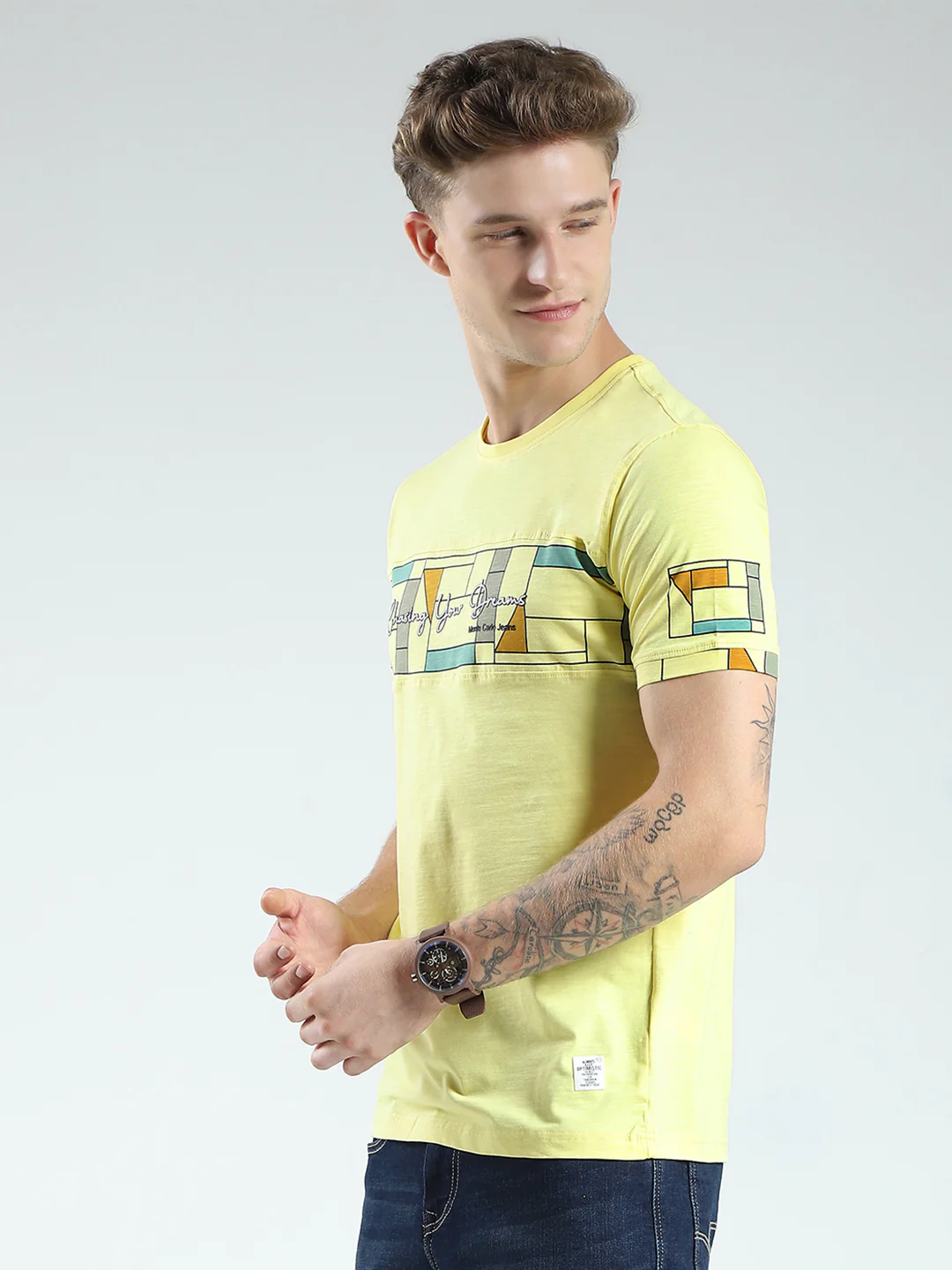 Men Yellow Printed Round Neck Half Sleeve T-Shirt - Image 3