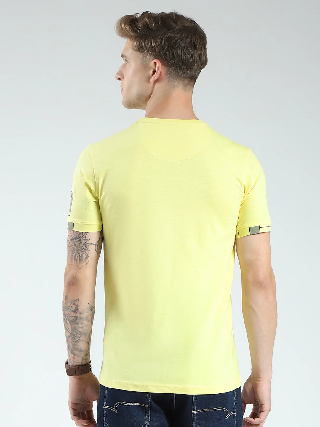 Men Yellow Printed Round Neck Half Sleeve T-Shirt - Image 5