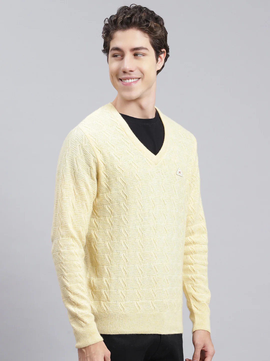 Men Yellow Self Design Lamb wool Pullover - Image 3