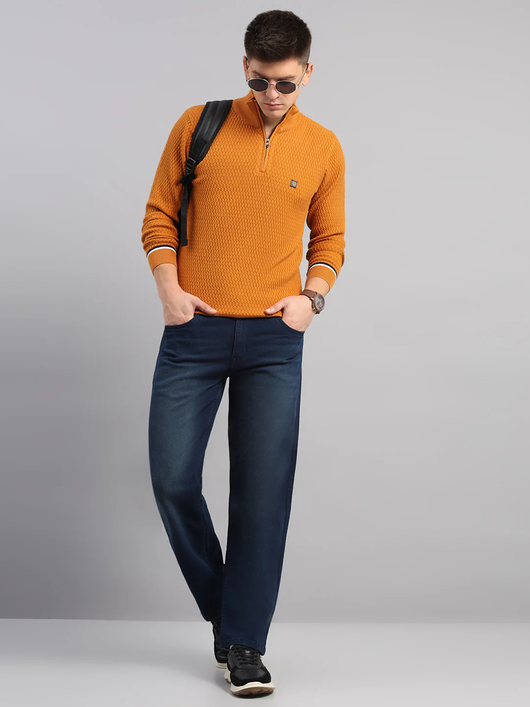 Men Yellow Self Design Round Neck Full Sleeve Pullover - Image 2