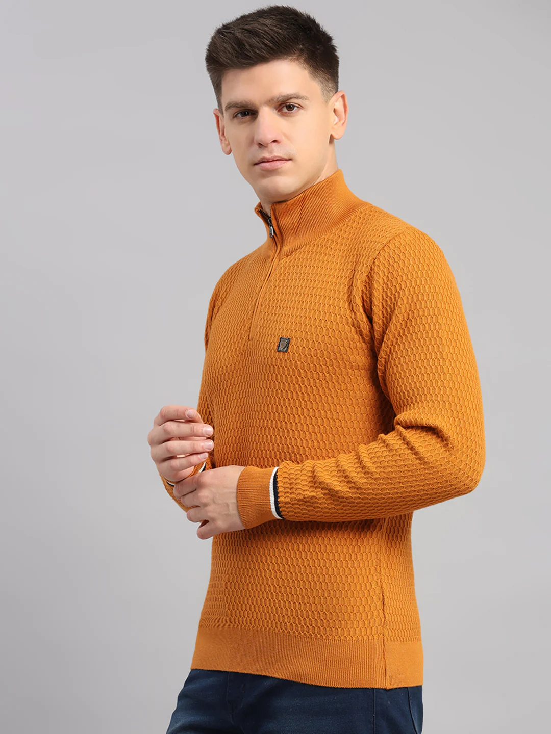 Men Yellow Self Design Round Neck Full Sleeve Pullover - Image 3