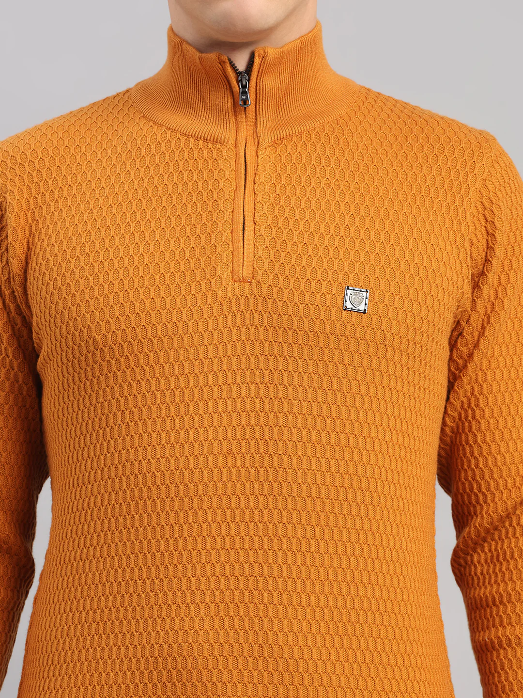 Men Yellow Self Design Round Neck Full Sleeve Pullover - Image 7