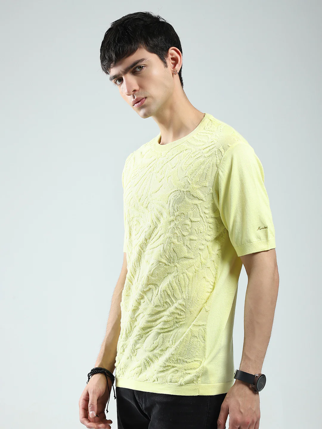 Men Yellow Self Design Round Neck Half Sleeve T-Shirt - Image 3