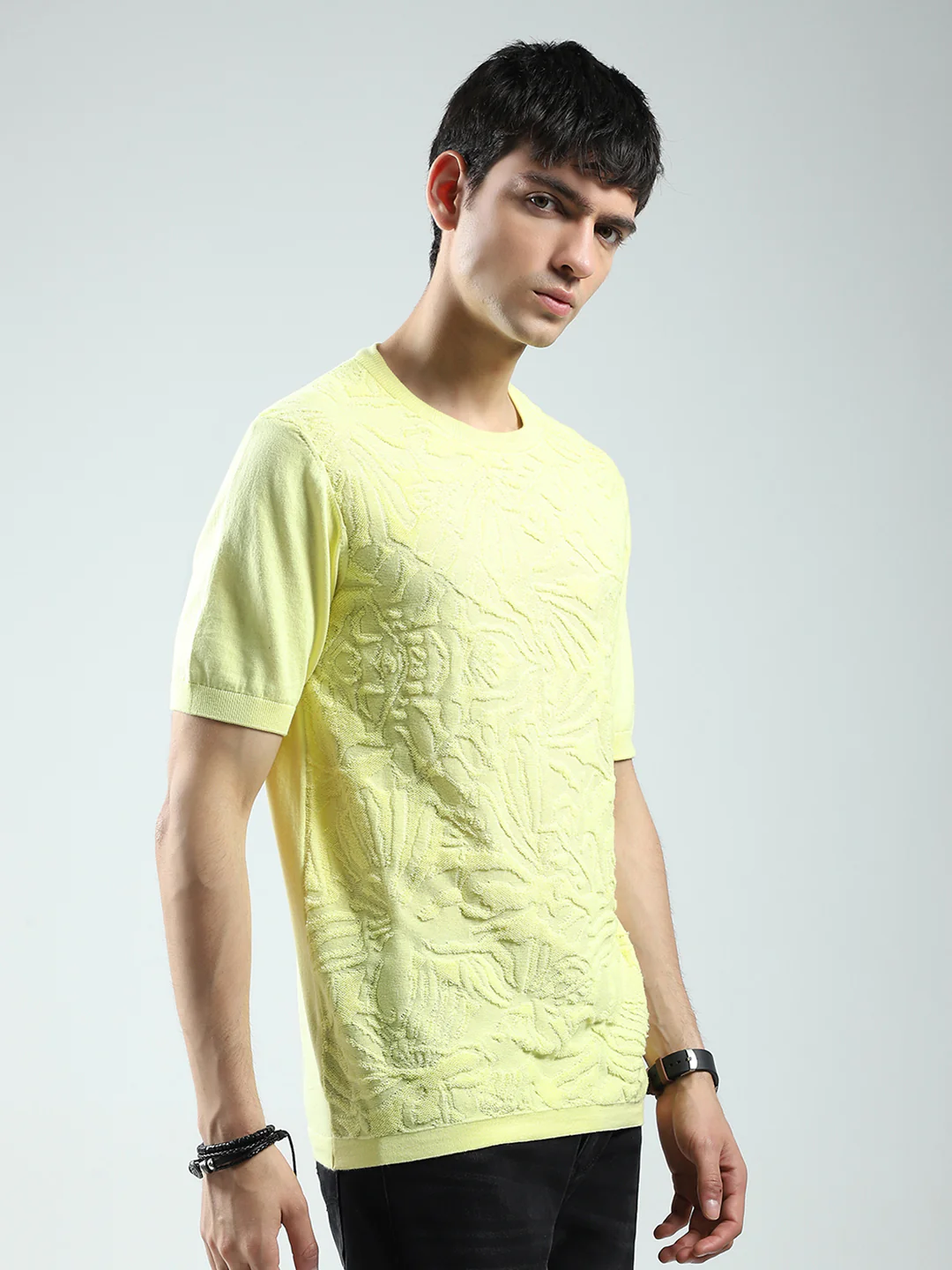 Men Yellow Self Design Round Neck Half Sleeve T-Shirt - Image 4