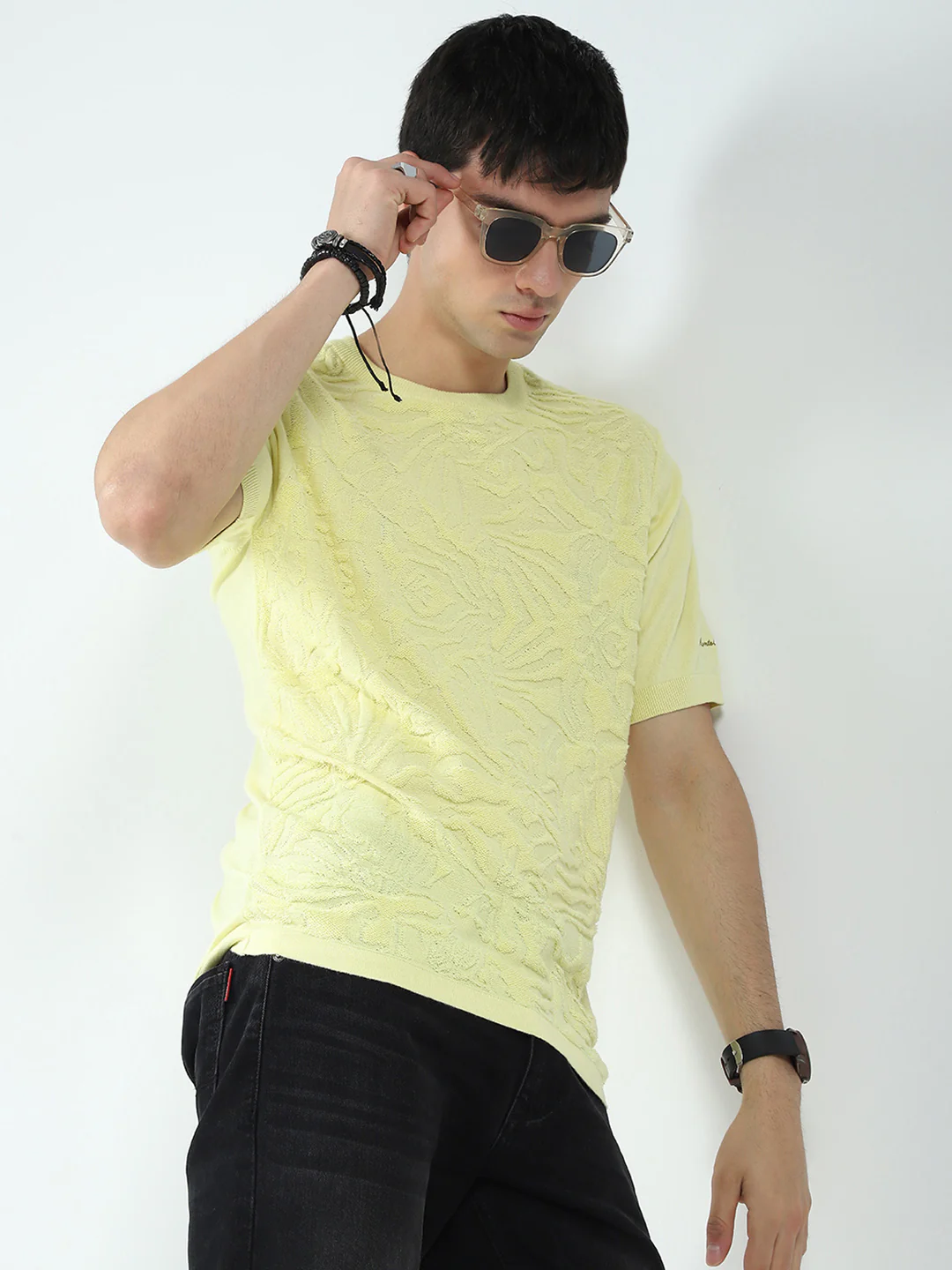 Men Yellow Self Design Round Neck Half Sleeve T-Shirt - Image 6