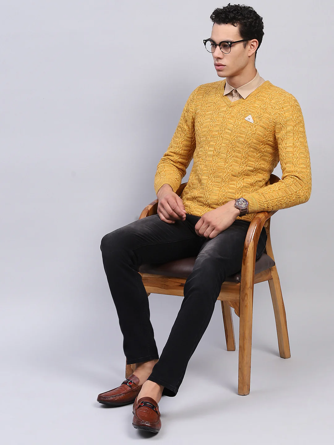 Men Yellow Self Design V Neck Full Sleeve Pullover - Image 2