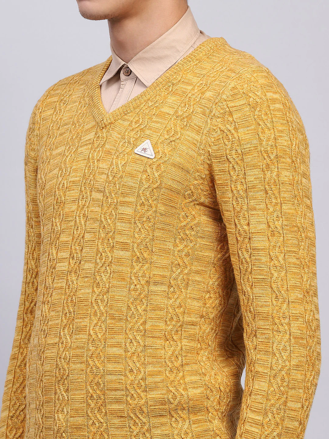 Men Yellow Self Design V Neck Full Sleeve Pullover - Image 7