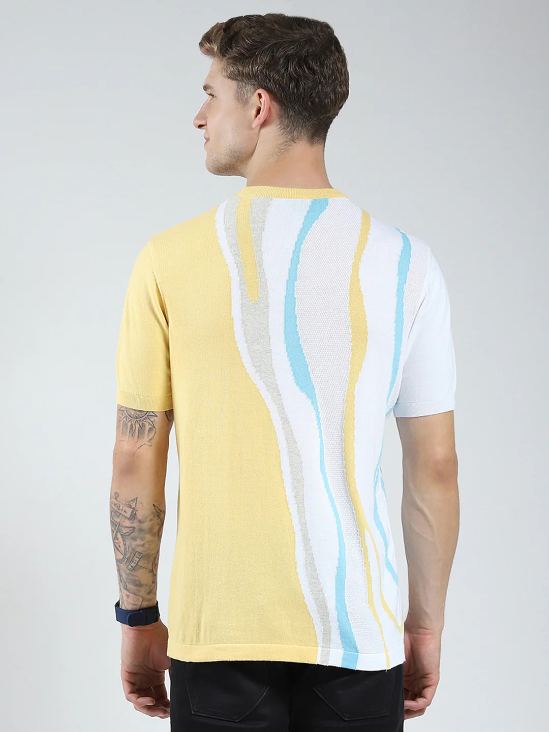 Men Yellow Self Design Round Neck Half Sleeve T-Shirt - Image 5