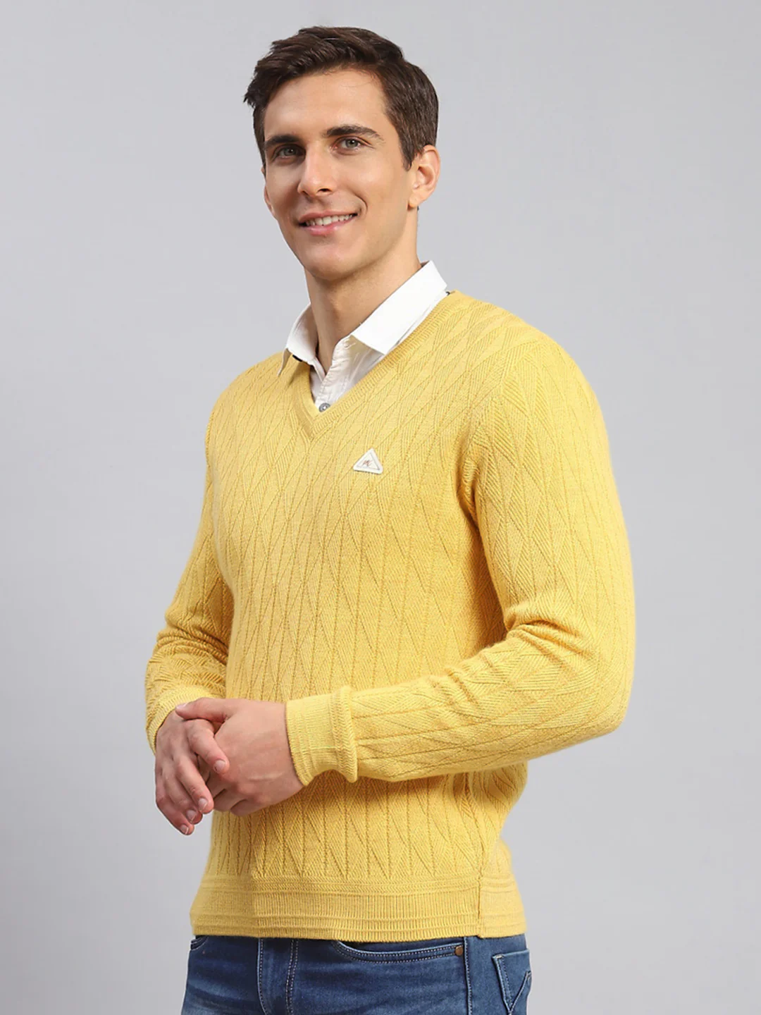 Men Yellow Self Design Wool blend Pullover - Image 3