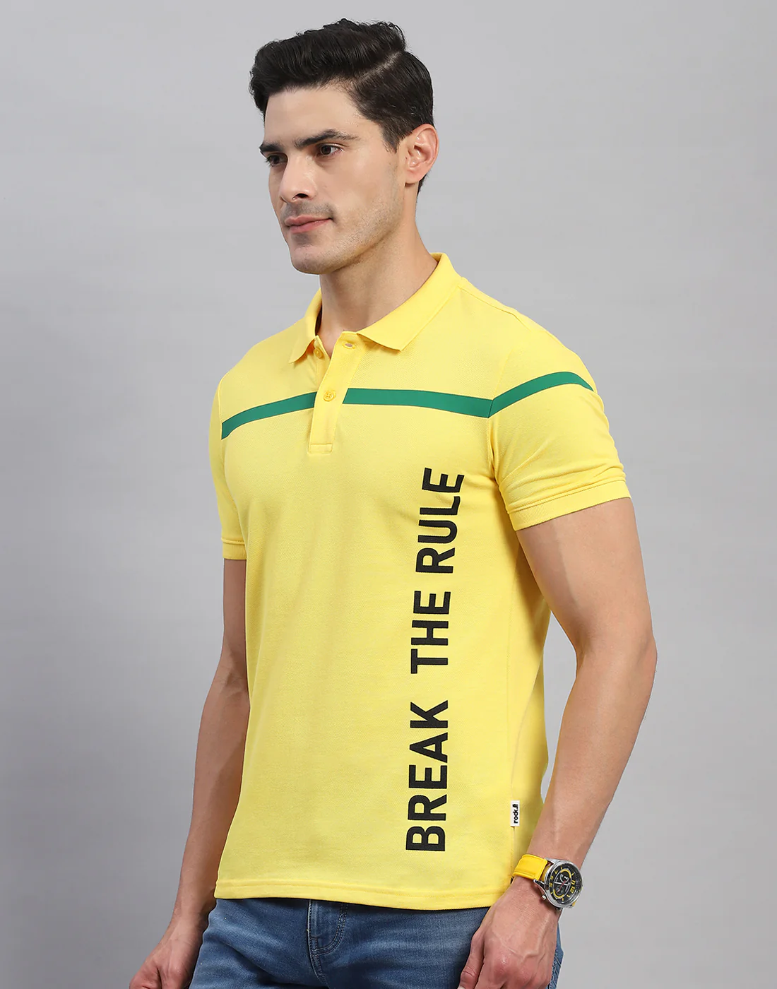 Rock.it Men Yellow Solid Collar Half Sleeve T-Shirt - Image 3