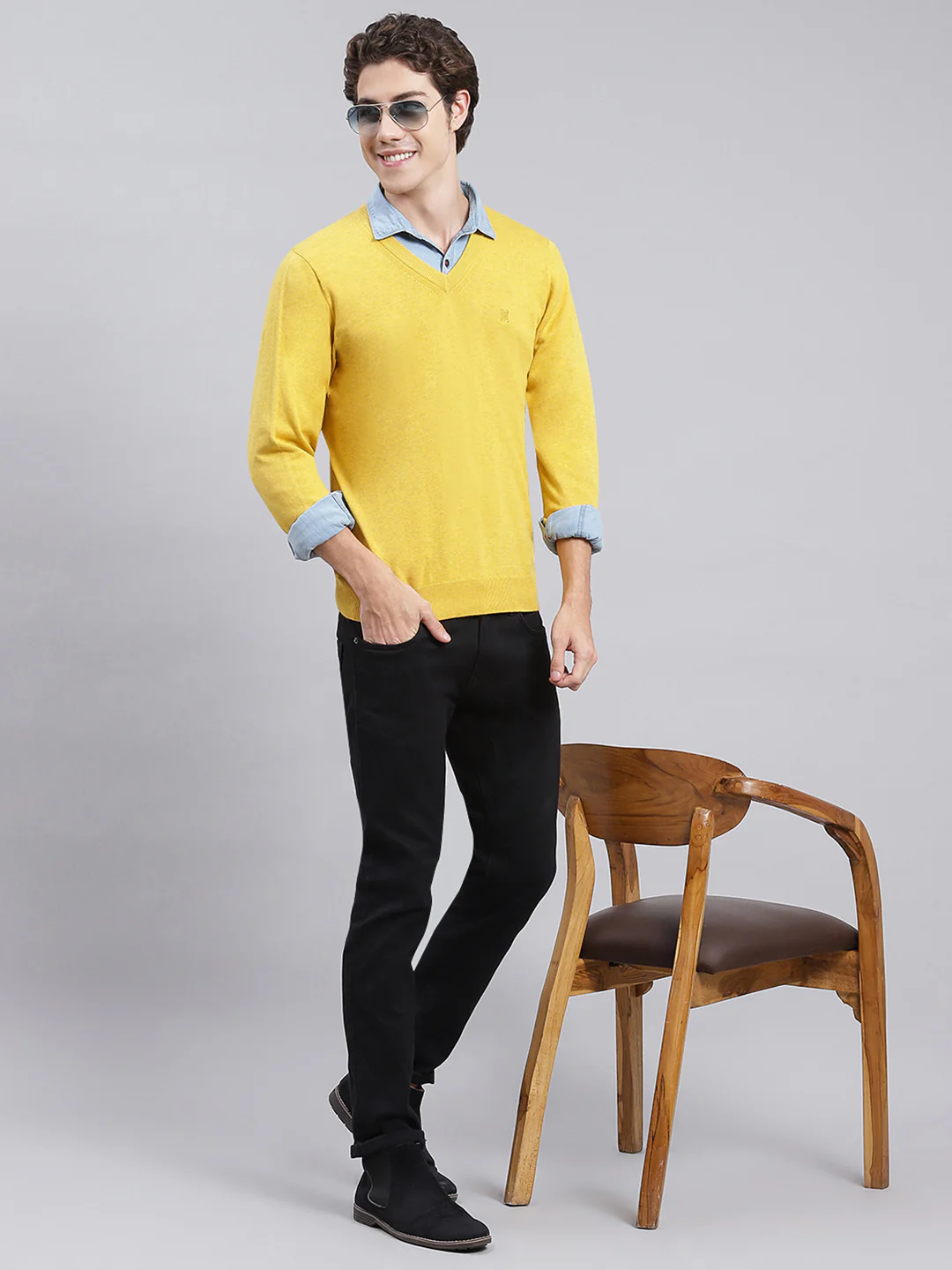 Men Yellow Solid Cotton Pullover - Image 2