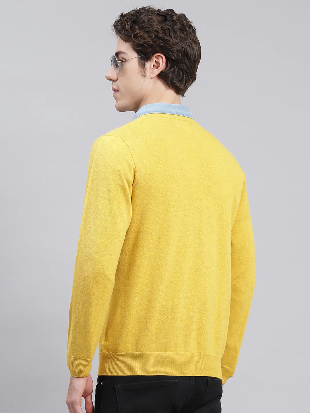 Men Yellow Solid Cotton Pullover - Image 5