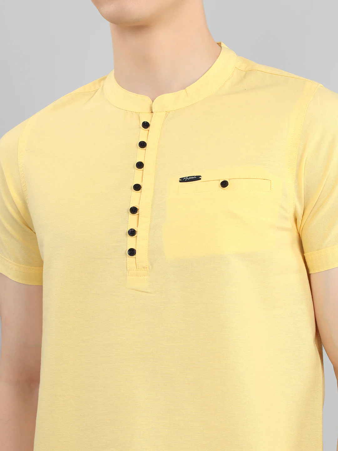 Men Yellow Solid Henley Neck Half Sleeve Kurta - Image 5