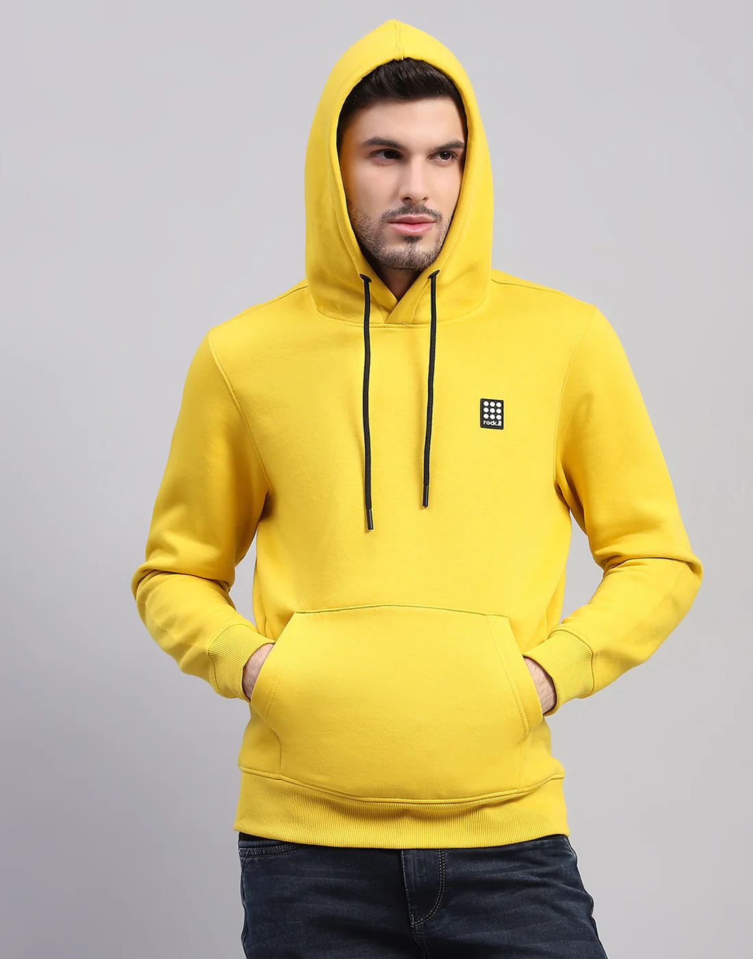 Rock.it Men Yellow Solid Hooded Full Sleeve Sweatshirt - Image 6