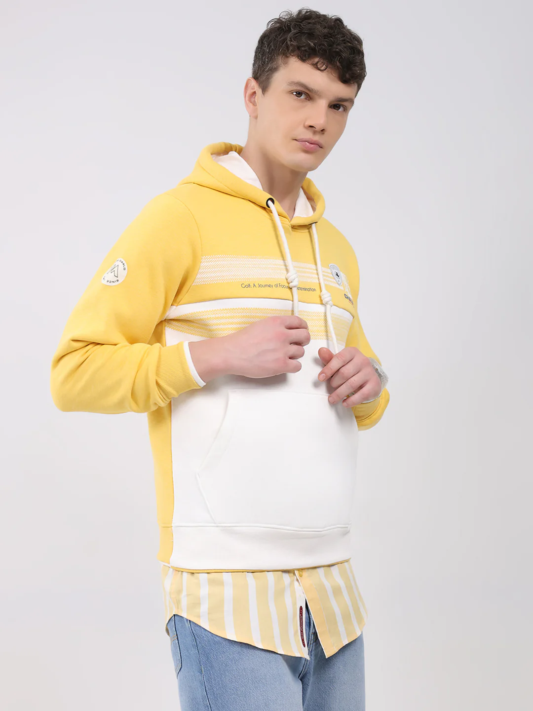 Men Yellow Solid Hooded Full Sleeve Sweatshirt - Image 4
