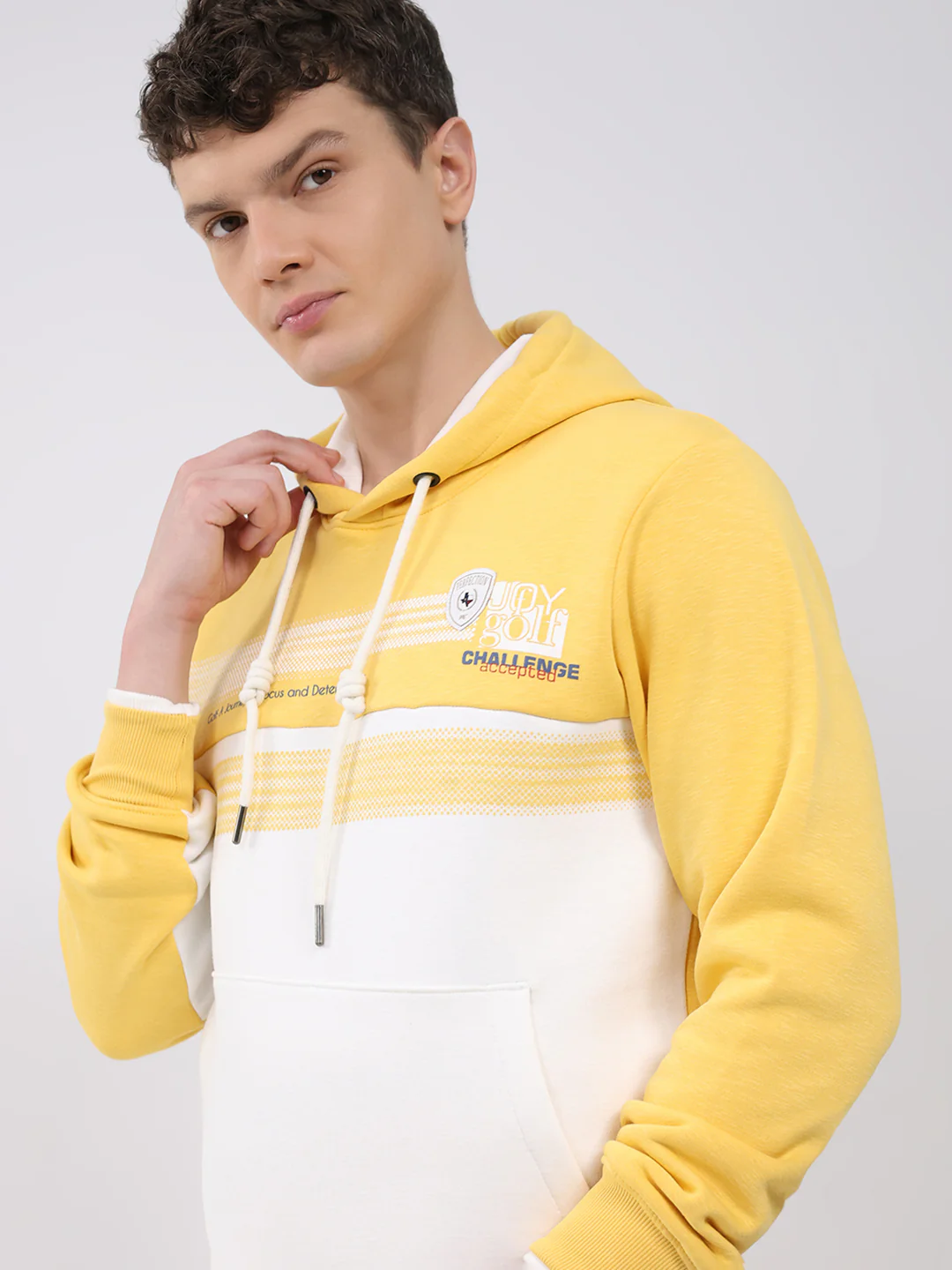 Men Yellow Solid Hooded Full Sleeve Sweatshirt - Image 6