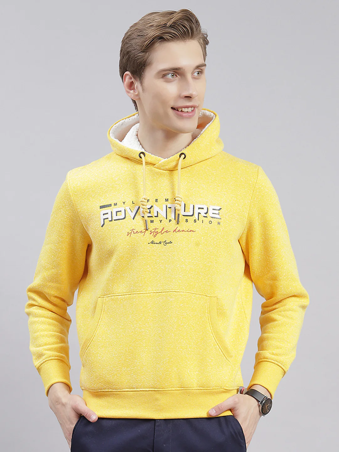 Men Yellow Solid Hooded Full Sleeve Sweatshirts - Image 3