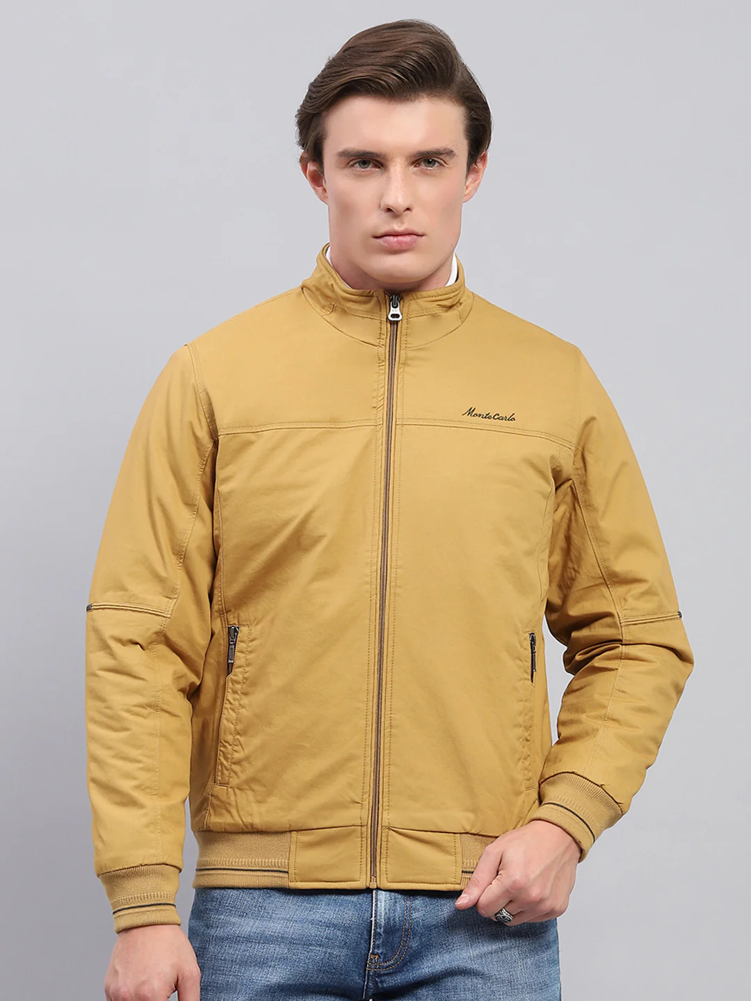 Men Yellow Solid Mock Neck Full Sleeve Jacket