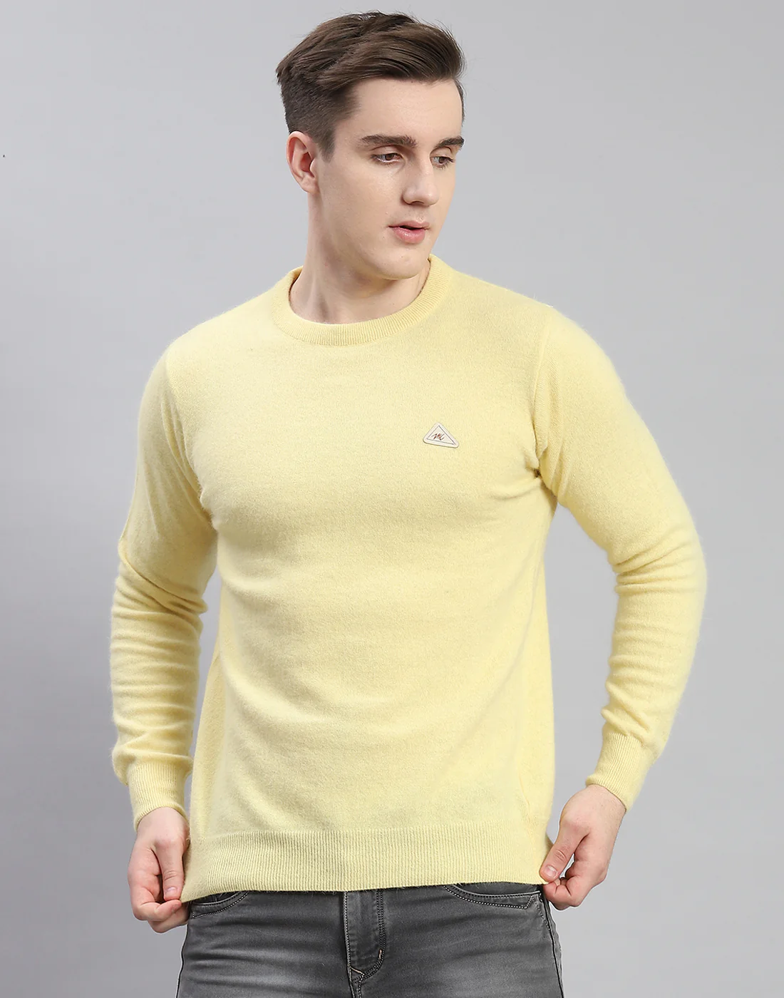 Men Yellow Solid Round Neck Full Sleeve Pullover - Image 4