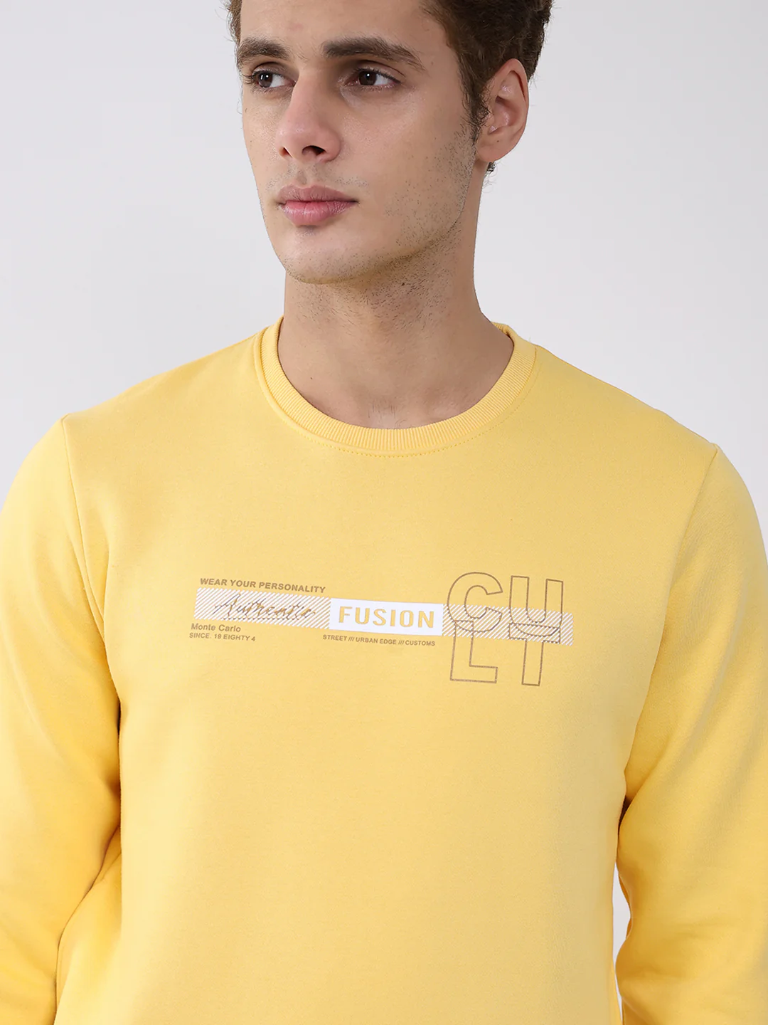 Men Yellow Solid Round Neck Full Sleeve Sweatshirt - Image 6
