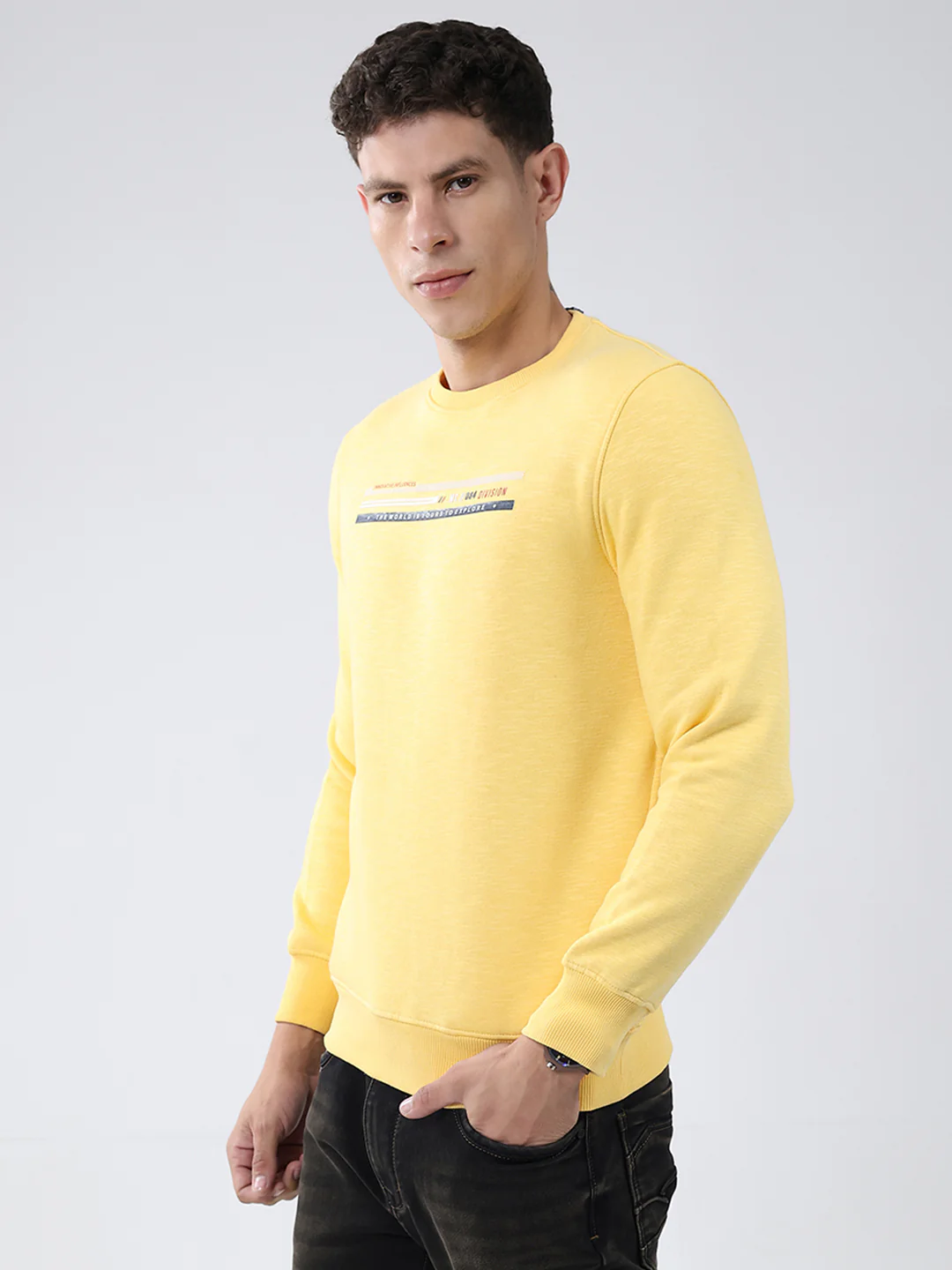 Men Yellow Solid Round Neck Full Sleeve Sweatshirt - Image 3