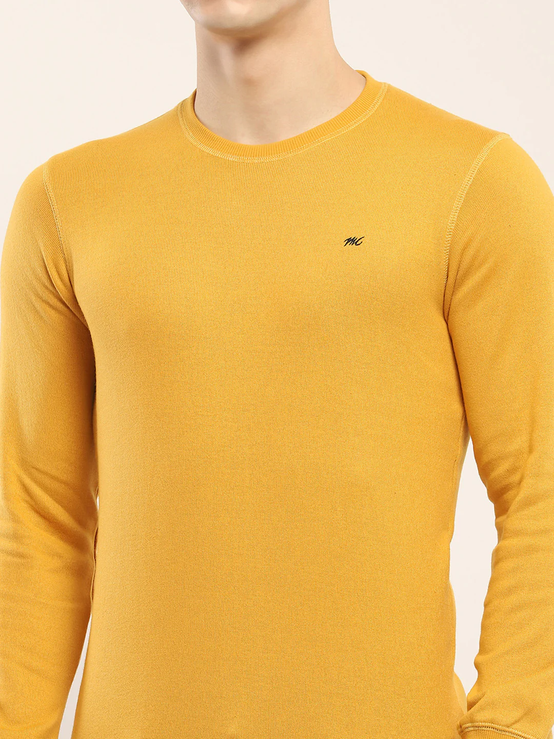 Men Yellow Solid Round Neck Full Sleeve Winter T-Shirt - Image 6