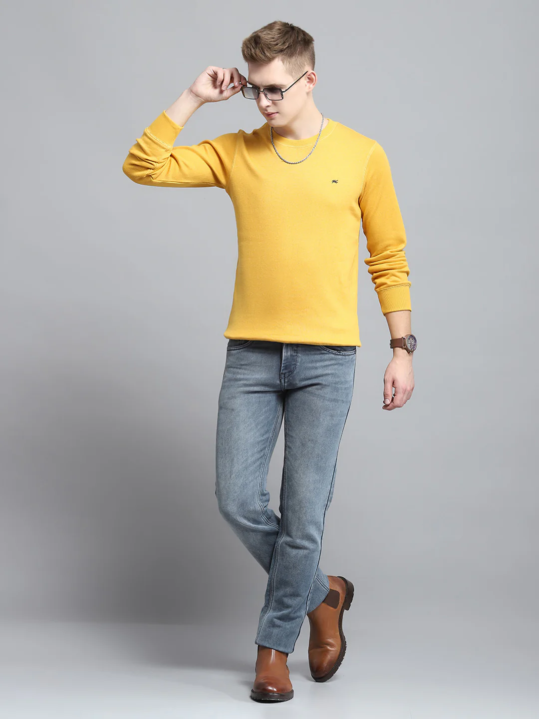 Men Yellow Solid Round Neck Full Sleeve Winter T-Shirt - Image 2