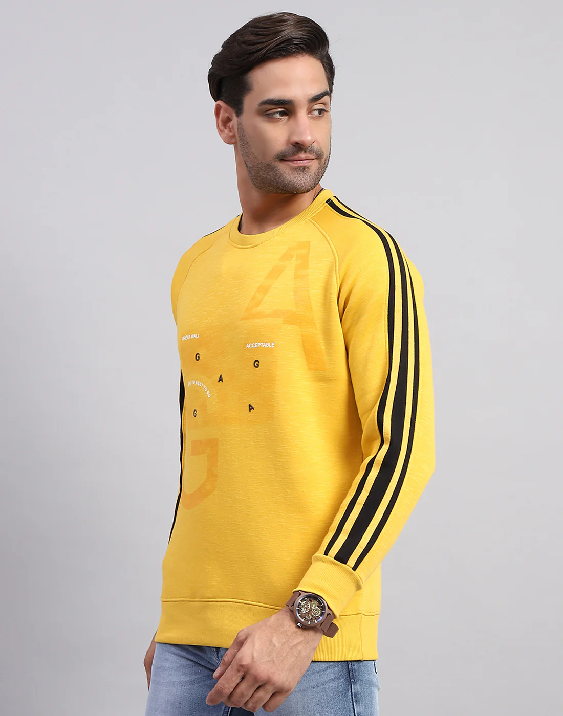 Men Yellow Printed Round Neck Full Sleeve Sweatshirt - Image 3