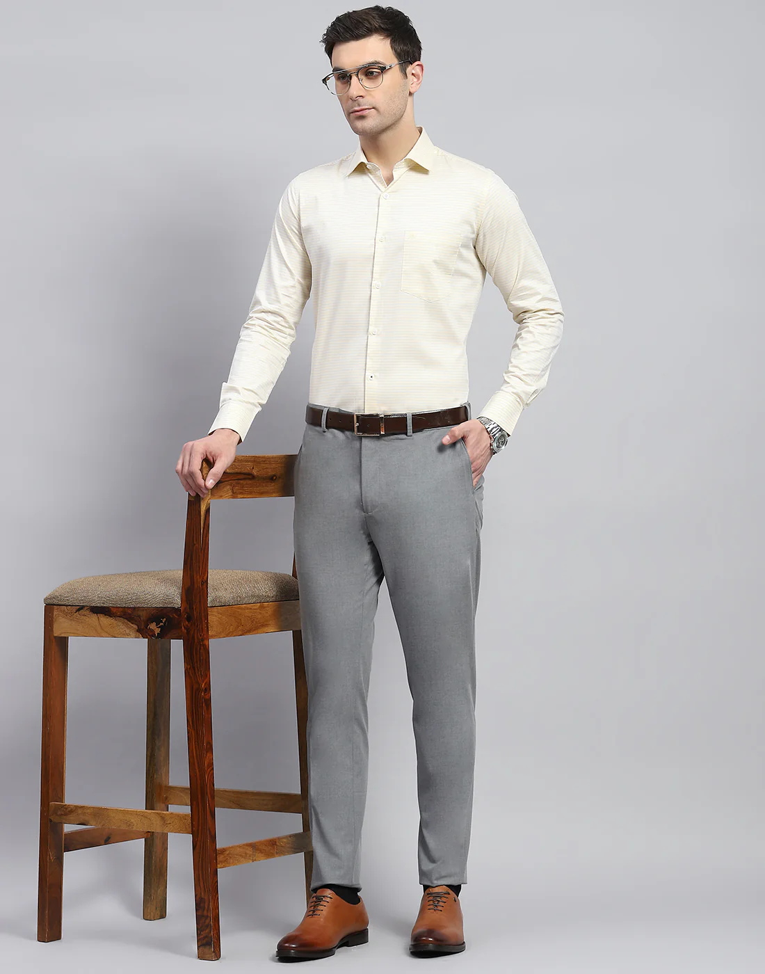 Men Yellow Solid Spread Collar Full Sleeve Shirt - Image 2