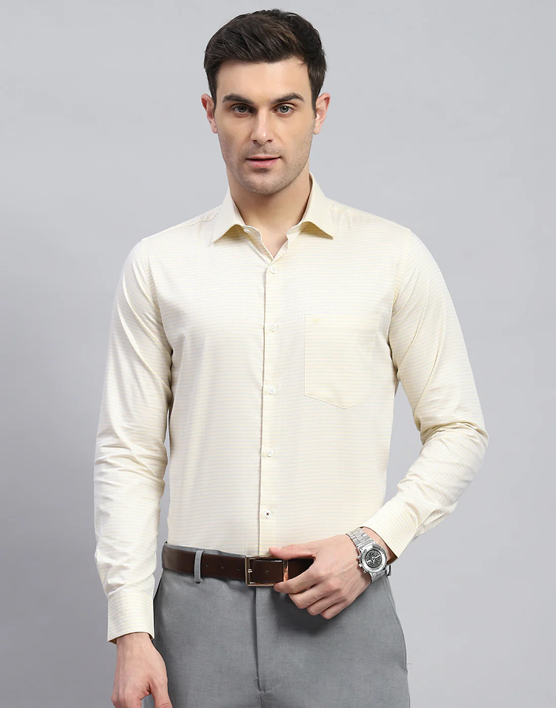 Men Yellow Solid Spread Collar Full Sleeve Shirt - Image 3
