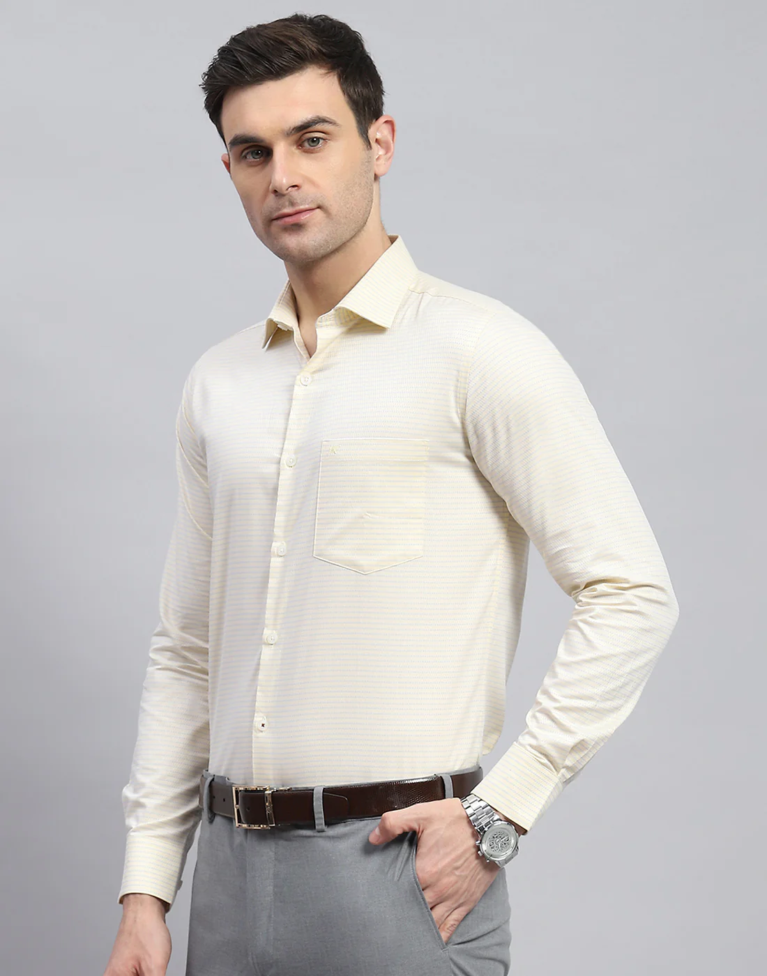 Men Yellow Solid Spread Collar Full Sleeve Shirt - Image 4