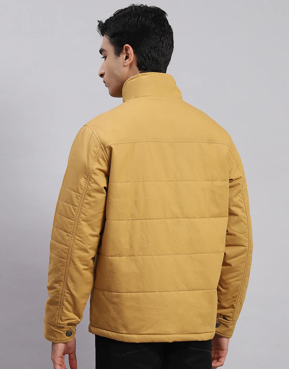 Men Yellow Solid Stand Collar Full Sleeve Jackets - Image 5