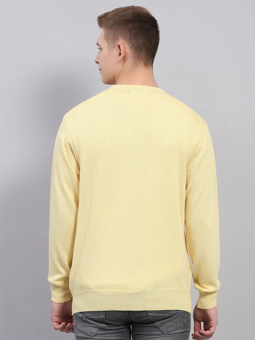 Men Yellow Solid V Neck Full Sleeve Pullover - Image 5