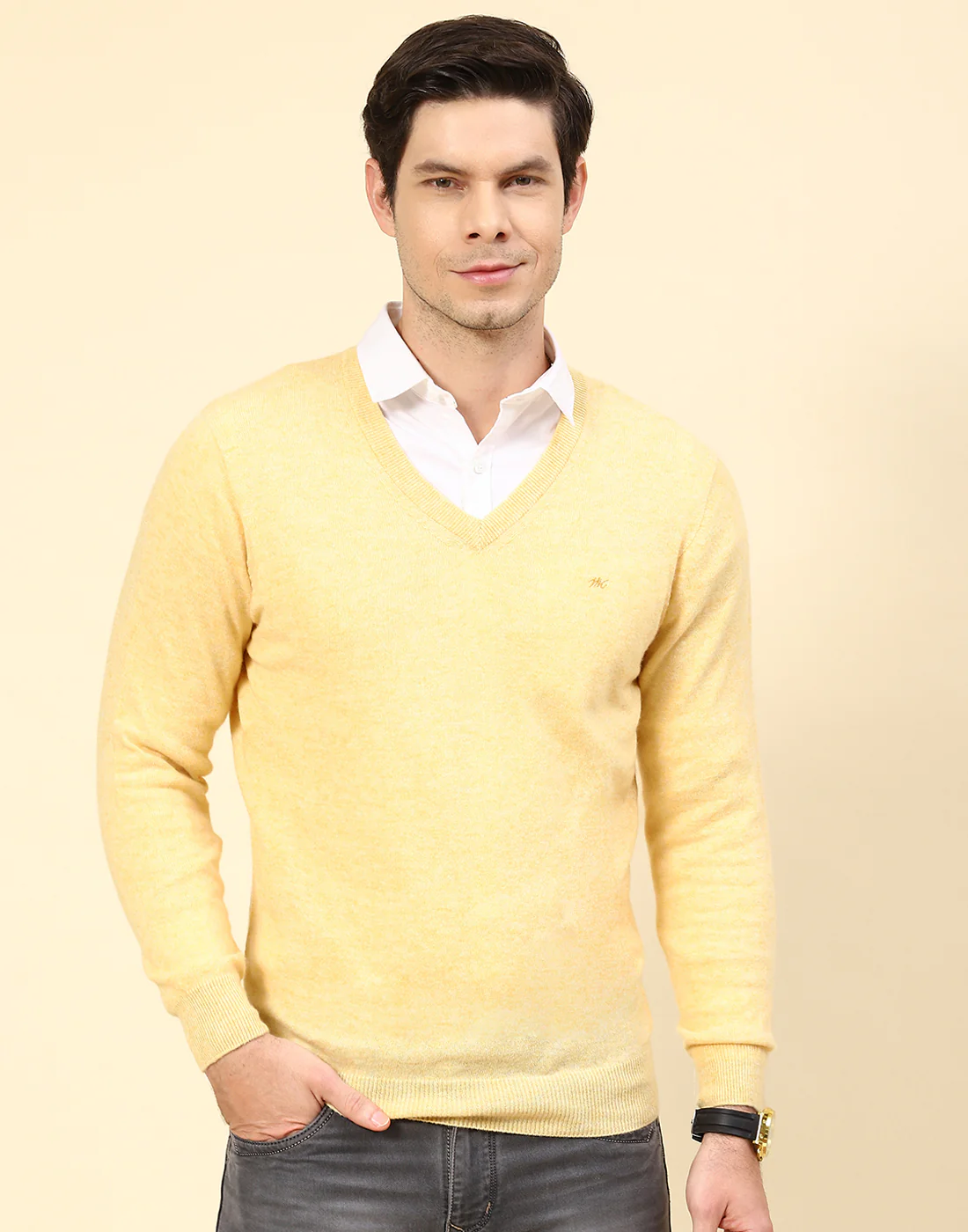 Men Yellow Solid V Neck Full Sleeve Pullover - Image 2