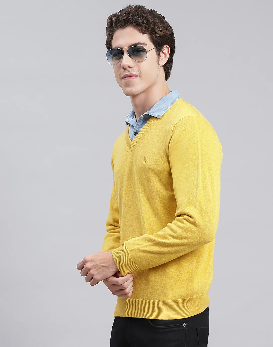 Men Yellow Solid V Neck Full Sleeve Pullover - Image 3