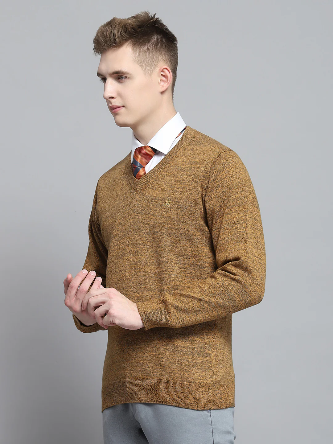 Men Yellow Solid V Neck Full Sleeve Pullover - Image 3