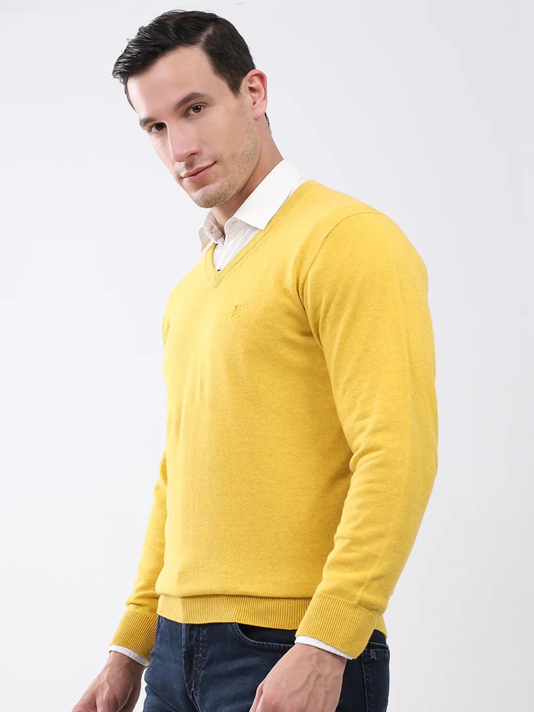 Men Yellow Solid V Neck Full Sleeve Pullover - Image 3