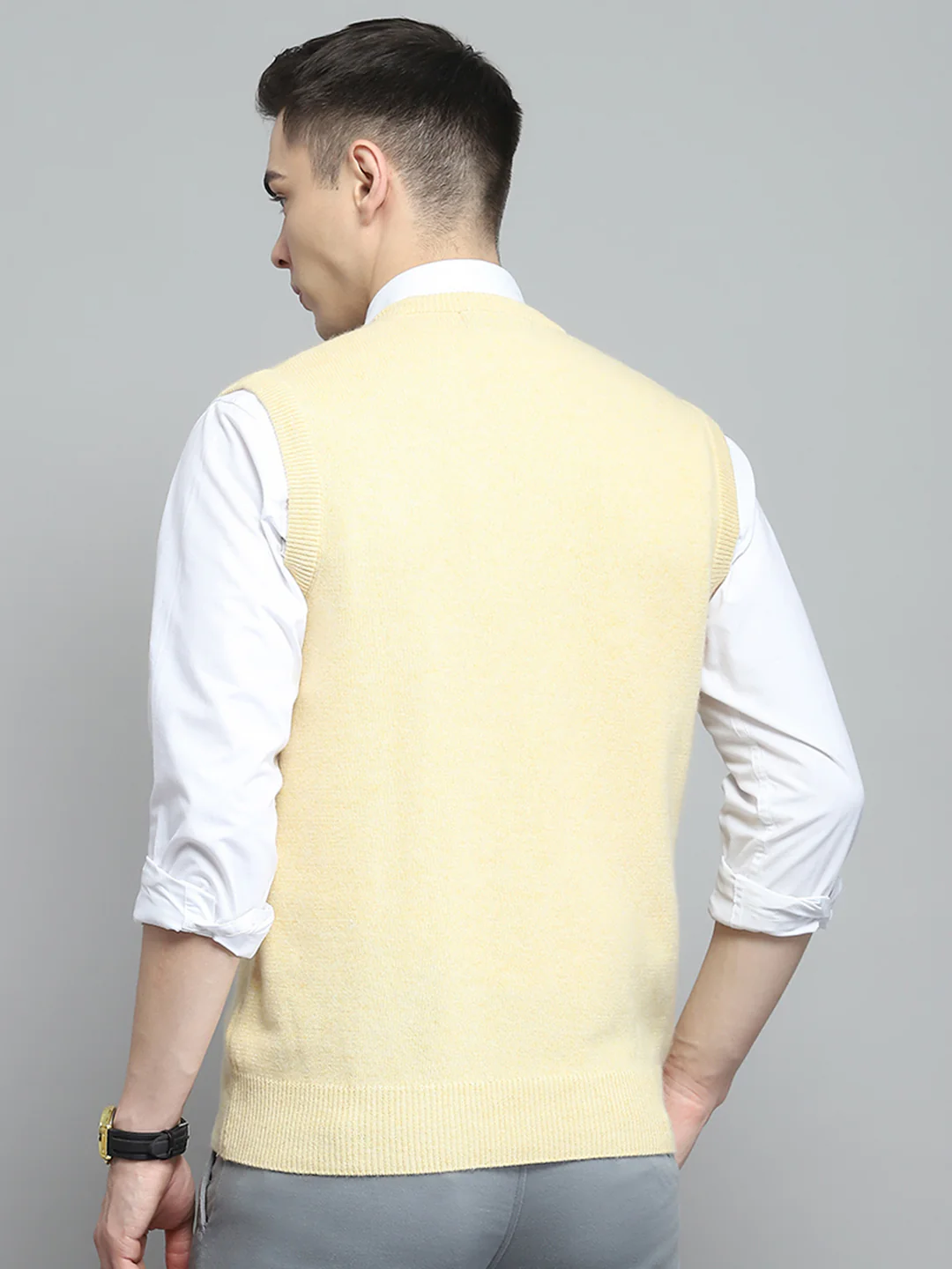Men Yellow Solid V Neck Sleeveless Sweater - Image 5
