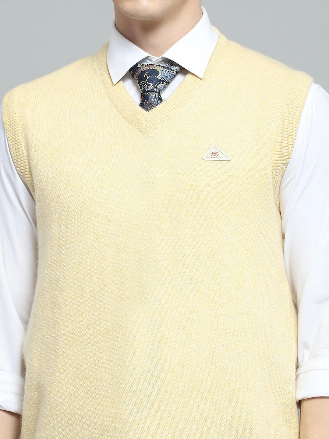 Men Yellow Solid V Neck Sleeveless Sweater - Image 6