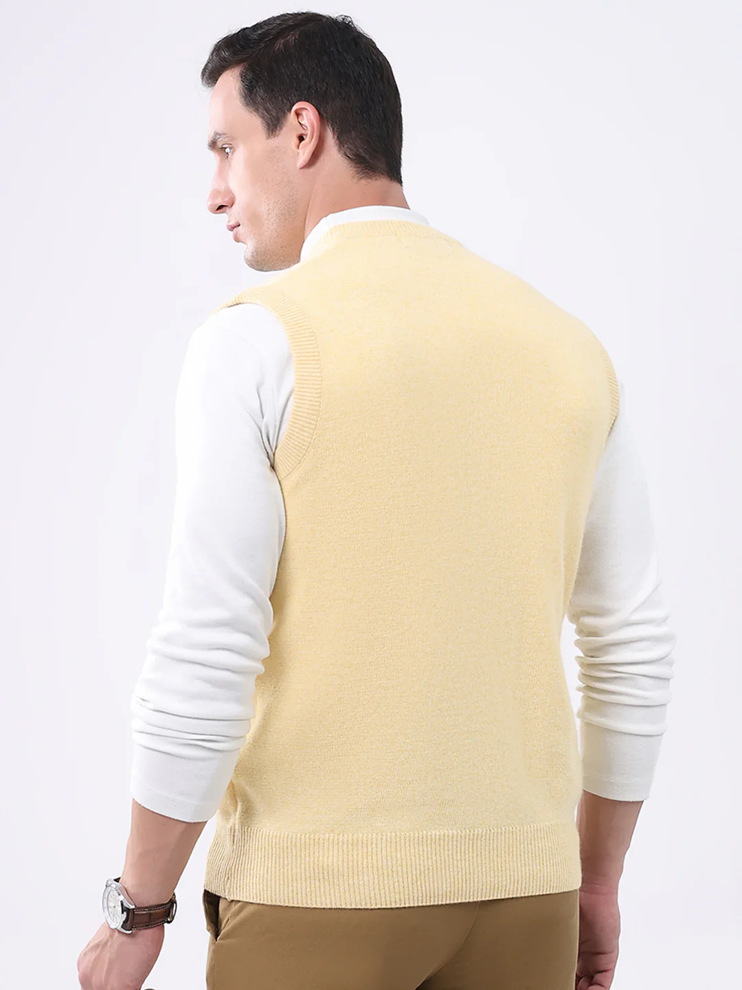 Men Yellow Solid V Neck Sleeveless Sweater - Image 5